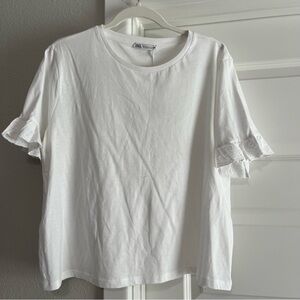 Zara Womens White Short Sleeve Ruffle Tee Shirt Top XL New